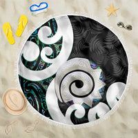 Aotearoa Koru Beach Blanket Cyan Maori Paua Shell Mix Silver Fern LT14 One Size 150cm Black - Polynesian Pride