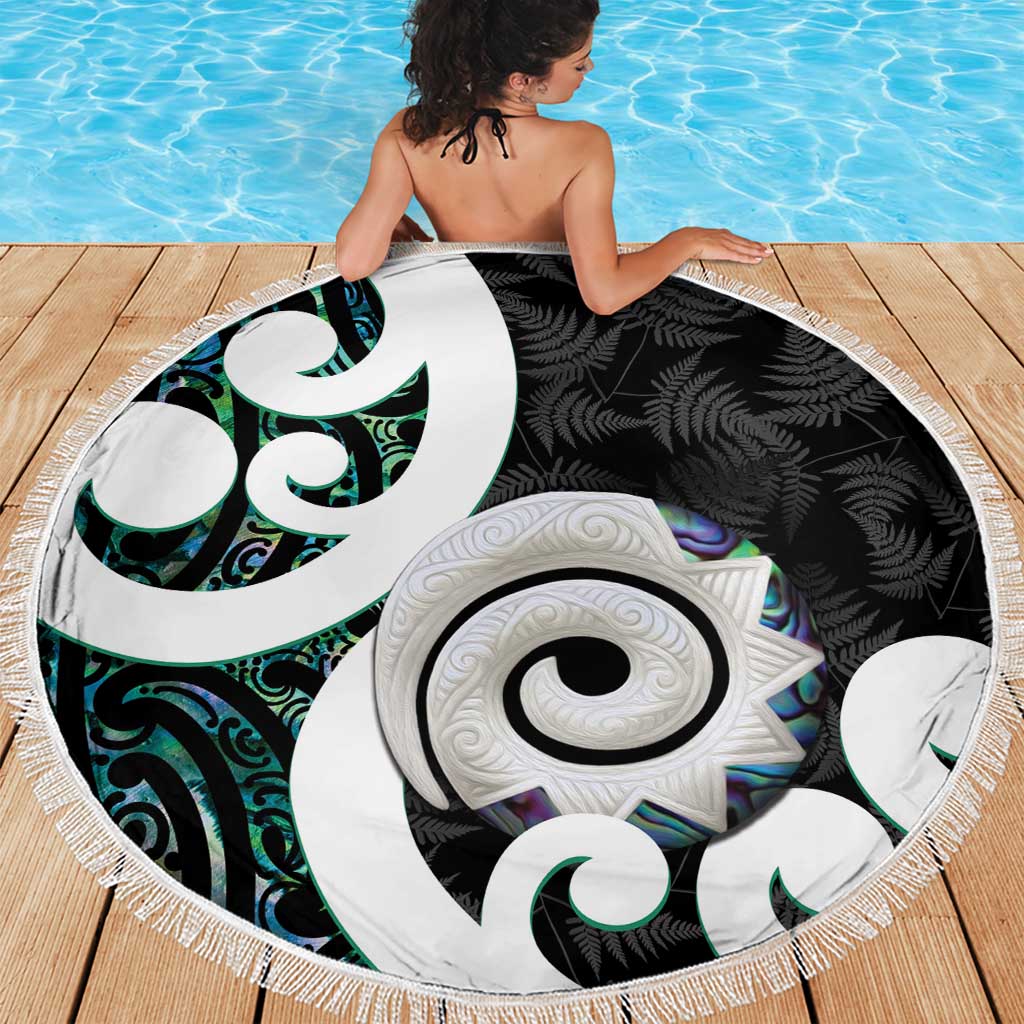Aotearoa Koru Beach Blanket Cyan Maori Paua Shell Mix Silver Fern LT14 - Polynesian Pride
