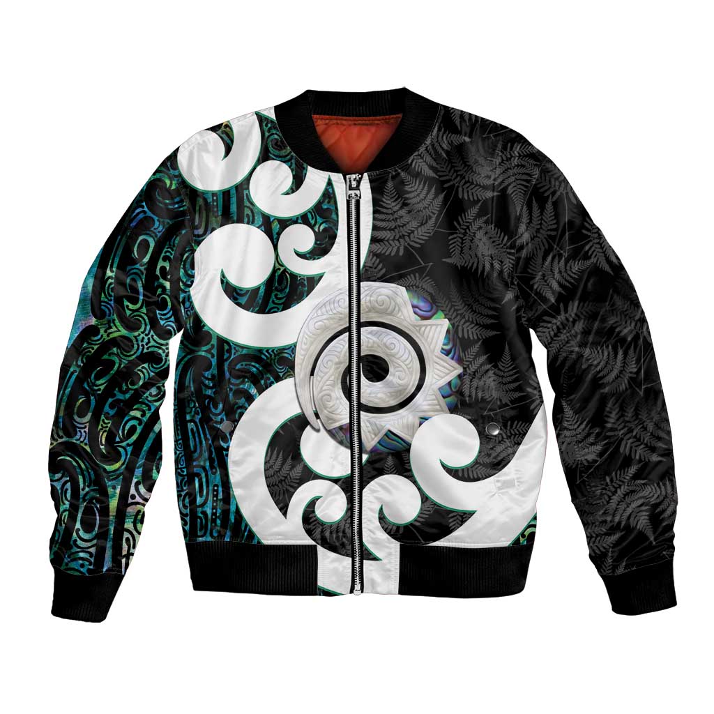 Aotearoa Koru Bomber Jacket Cyan Maori Paua Shell Mix Silver Fern LT14 Unisex Black - Polynesian Pride