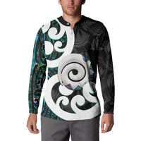 Aotearoa Koru Button Sweatshirt Cyan Maori Paua Shell Mix Silver Fern LT14 - Polynesian Pride