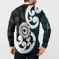 Aotearoa Koru Button Sweatshirt Cyan Maori Paua Shell Mix Silver Fern LT14 - Polynesian Pride