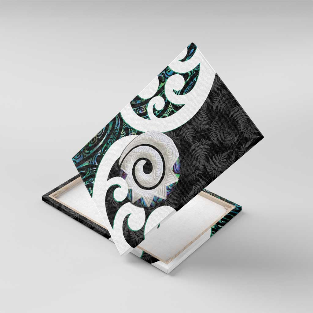 Aotearoa Koru Canvas Wall Art Cyan Maori Paua Shell Mix Silver Fern LT14 With Frame Black - Polynesian Pride