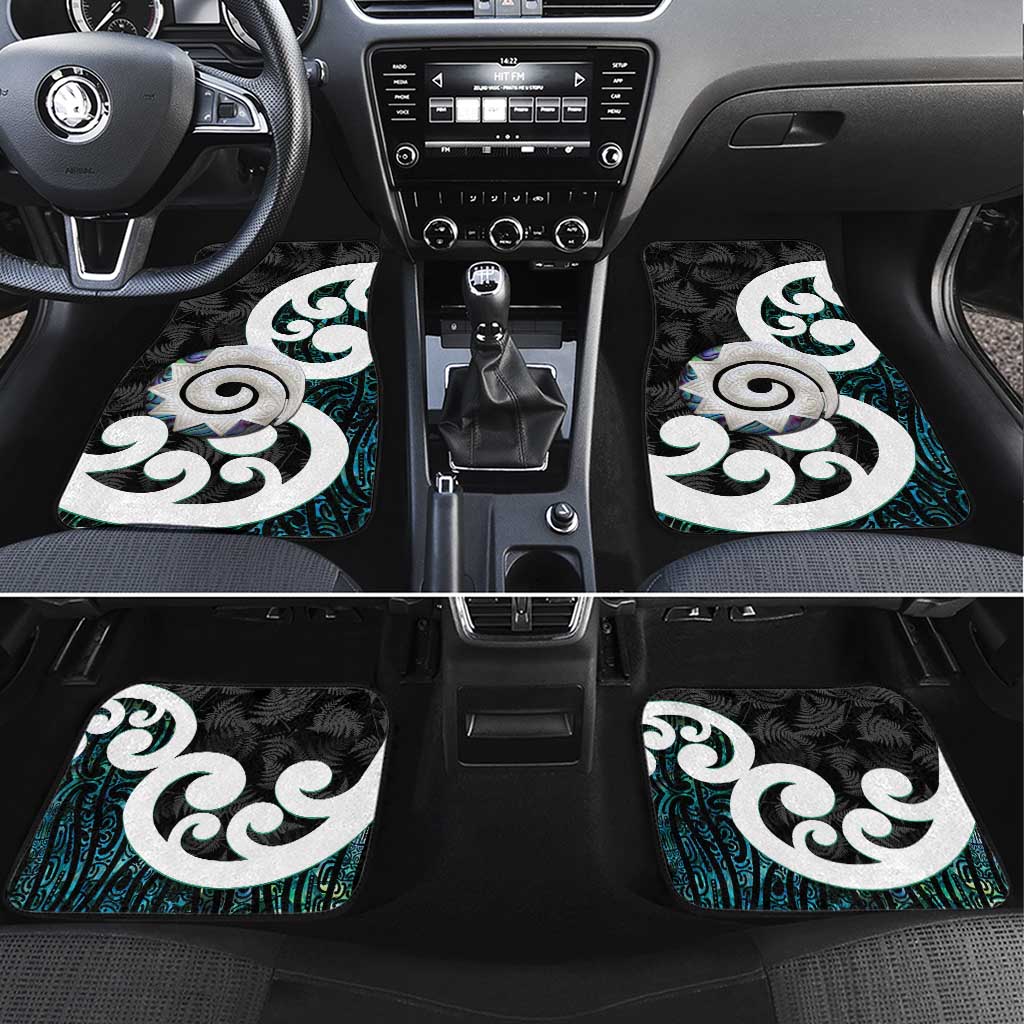 Aotearoa Koru Car Mats Cyan Maori Paua Shell Mix Silver Fern LT14 Set 4pcs Black - Polynesian Pride
