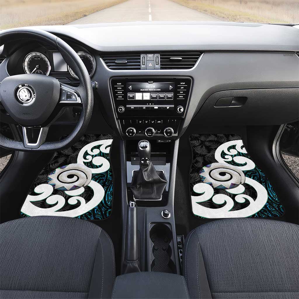 Aotearoa Koru Car Mats Cyan Maori Paua Shell Mix Silver Fern LT14 Set 2pcs - Front Black - Polynesian Pride