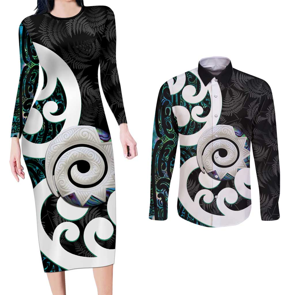 Aotearoa Koru Couples Matching Long Sleeve Bodycon Dress and Long Sleeve Button Shirt Cyan Maori Paua Shell Mix Silver Fern LT14 Black - Polynesian Pride