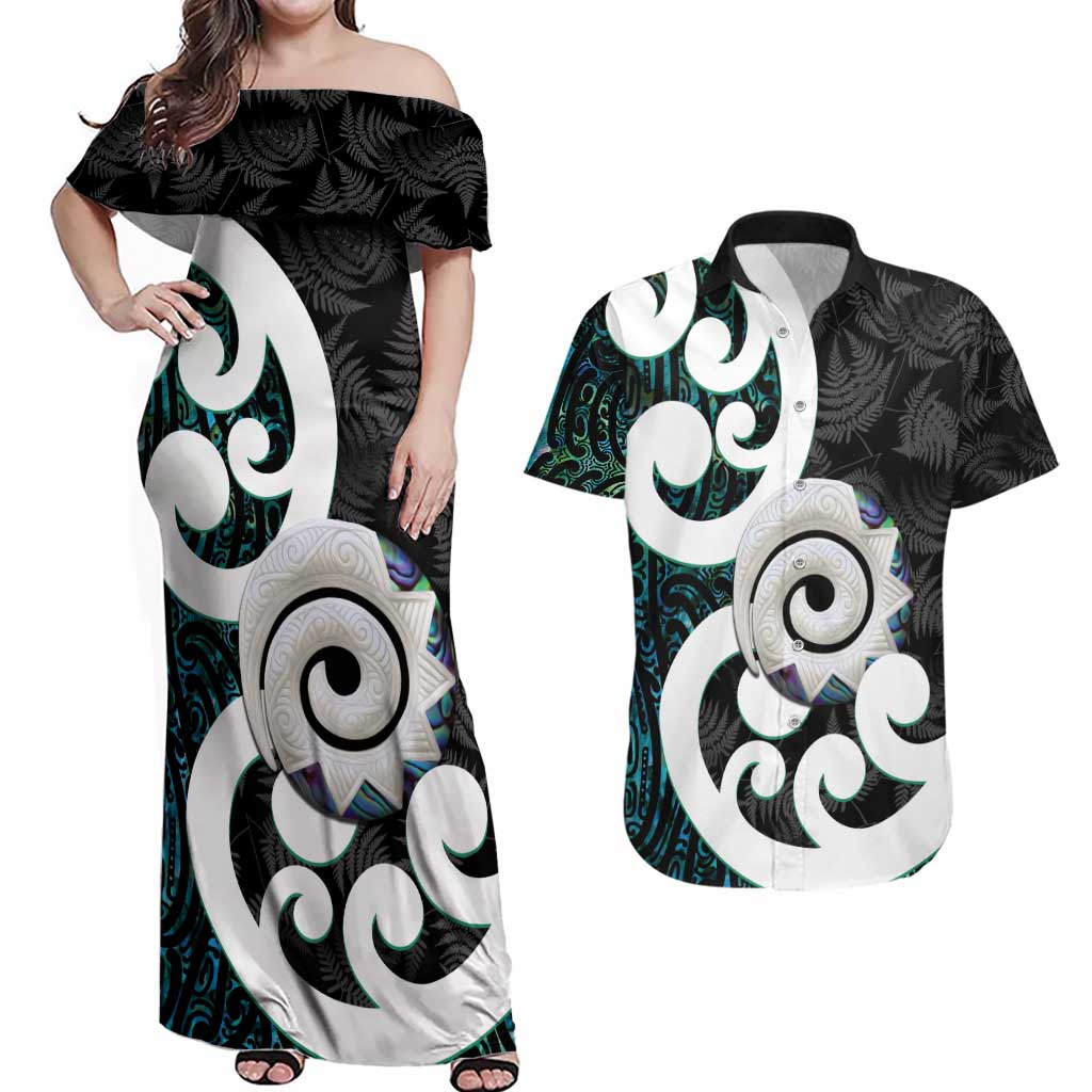 Aotearoa Koru Couples Matching Off Shoulder Maxi Dress and Hawaiian Shirt Cyan Maori Paua Shell Mix Silver Fern