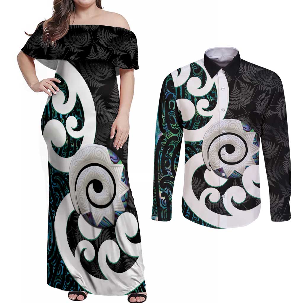 Aotearoa Koru Couples Matching Off Shoulder Maxi Dress and Long Sleeve Button Shirt Cyan Maori Paua Shell Mix Silver Fern LT14 Black - Polynesian Pride
