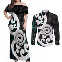 Aotearoa Koru Couples Matching Off Shoulder Maxi Dress and Long Sleeve Button Shirt Cyan Maori Paua Shell Mix Silver Fern LT14 Black - Polynesian Pride