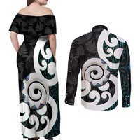 Aotearoa Koru Couples Matching Off Shoulder Maxi Dress and Long Sleeve Button Shirt Cyan Maori Paua Shell Mix Silver Fern LT14 - Polynesian Pride