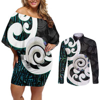 Aotearoa Koru Couples Matching Off Shoulder Short Dress and Long Sleeve Button Shirt Cyan Maori Paua Shell Mix Silver Fern LT14 Black - Polynesian Pride