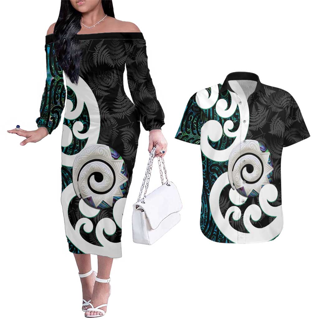 Aotearoa Koru Couples Matching Off The Shoulder Long Sleeve Dress and Hawaiian Shirt Cyan Maori Paua Shell Mix Silver Fern LT14 Black - Polynesian Pride