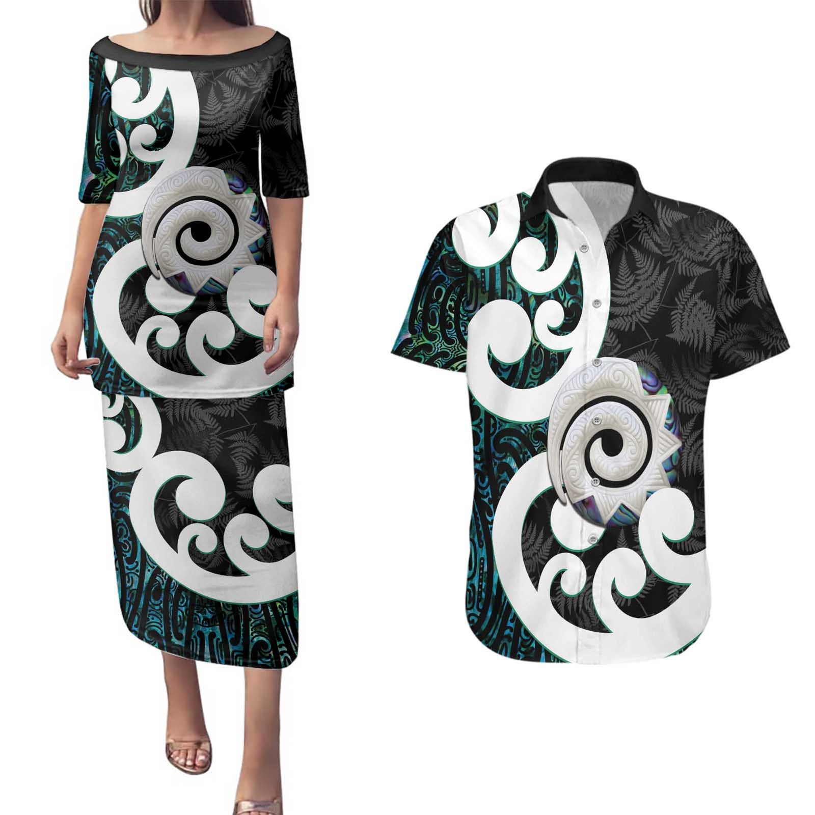Aotearoa Koru Couples Matching Puletasi and Hawaiian Shirt Cyan Maori Paua Shell Mix Silver Fern LT14 Black - Polynesian Pride
