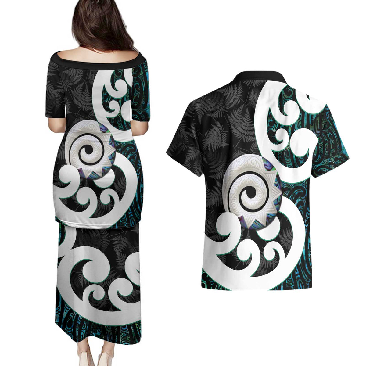 Aotearoa Koru Couples Matching Puletasi and Hawaiian Shirt Cyan Maori Paua Shell Mix Silver Fern LT14 - Polynesian Pride