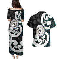 Aotearoa Koru Couples Matching Puletasi and Hawaiian Shirt Cyan Maori Paua Shell Mix Silver Fern LT14 - Polynesian Pride