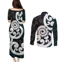 Aotearoa Koru Couples Matching Puletasi and Long Sleeve Button Shirt Cyan Maori Paua Shell Mix Silver Fern LT14 - Polynesian Pride