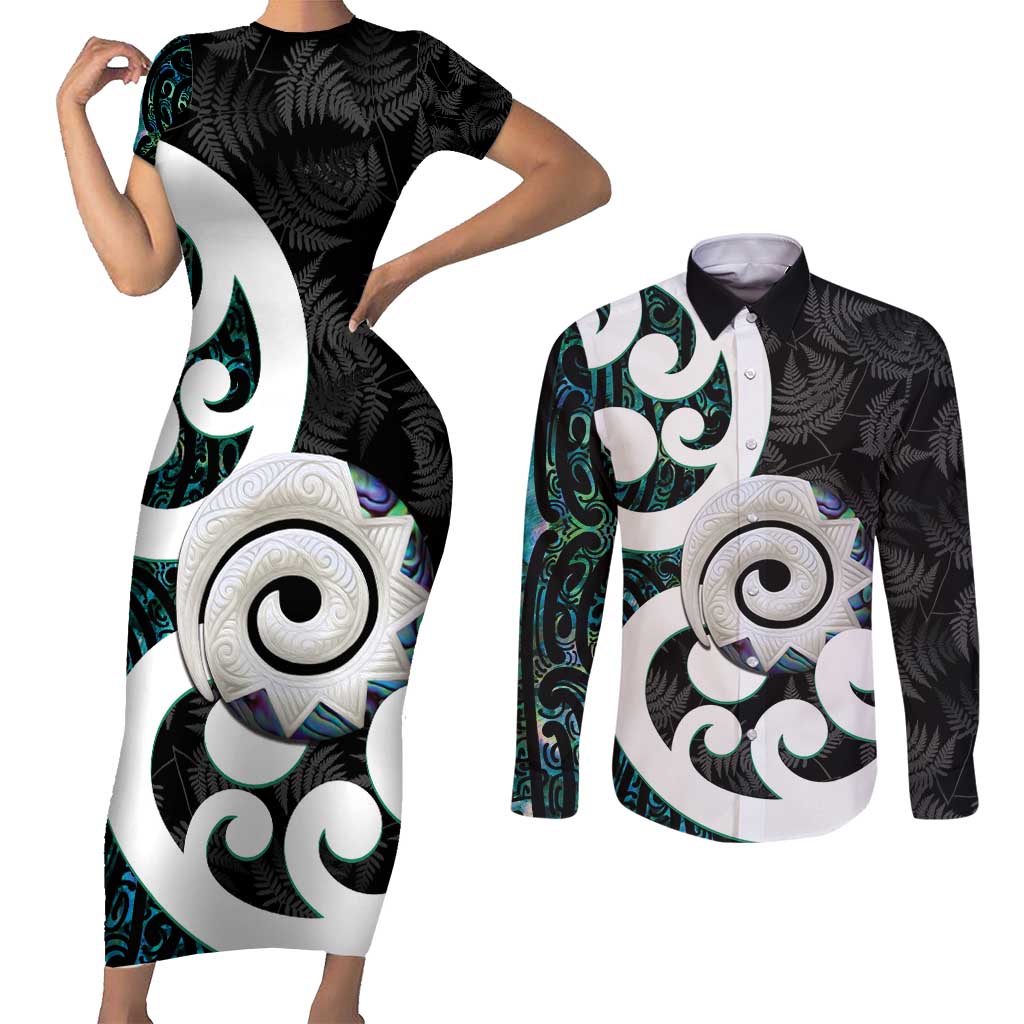 Aotearoa Koru Couples Matching Short Sleeve Bodycon Dress and Long Sleeve Button Shirt Cyan Maori Paua Shell Mix Silver Fern LT14 Black - Polynesian Pride