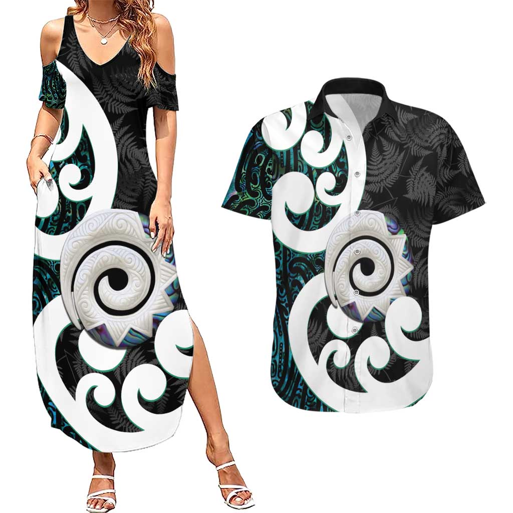 Aotearoa Koru Couples Matching Summer Maxi Dress and Hawaiian Shirt Cyan Maori Paua Shell Mix Silver Fern LT14 Black - Polynesian Pride