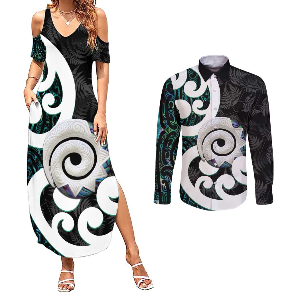 Aotearoa Koru Couples Matching Summer Maxi Dress and Long Sleeve Button Shirt Cyan Maori Paua Shell Mix Silver Fern LT14 Black - Polynesian Pride