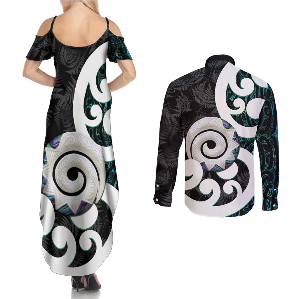 Aotearoa Koru Couples Matching Summer Maxi Dress and Long Sleeve Button Shirt Cyan Maori Paua Shell Mix Silver Fern LT14 - Polynesian Pride