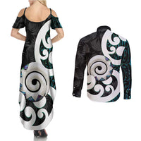 Aotearoa Koru Couples Matching Summer Maxi Dress and Long Sleeve Button Shirt Cyan Maori Paua Shell Mix Silver Fern LT14 - Polynesian Pride