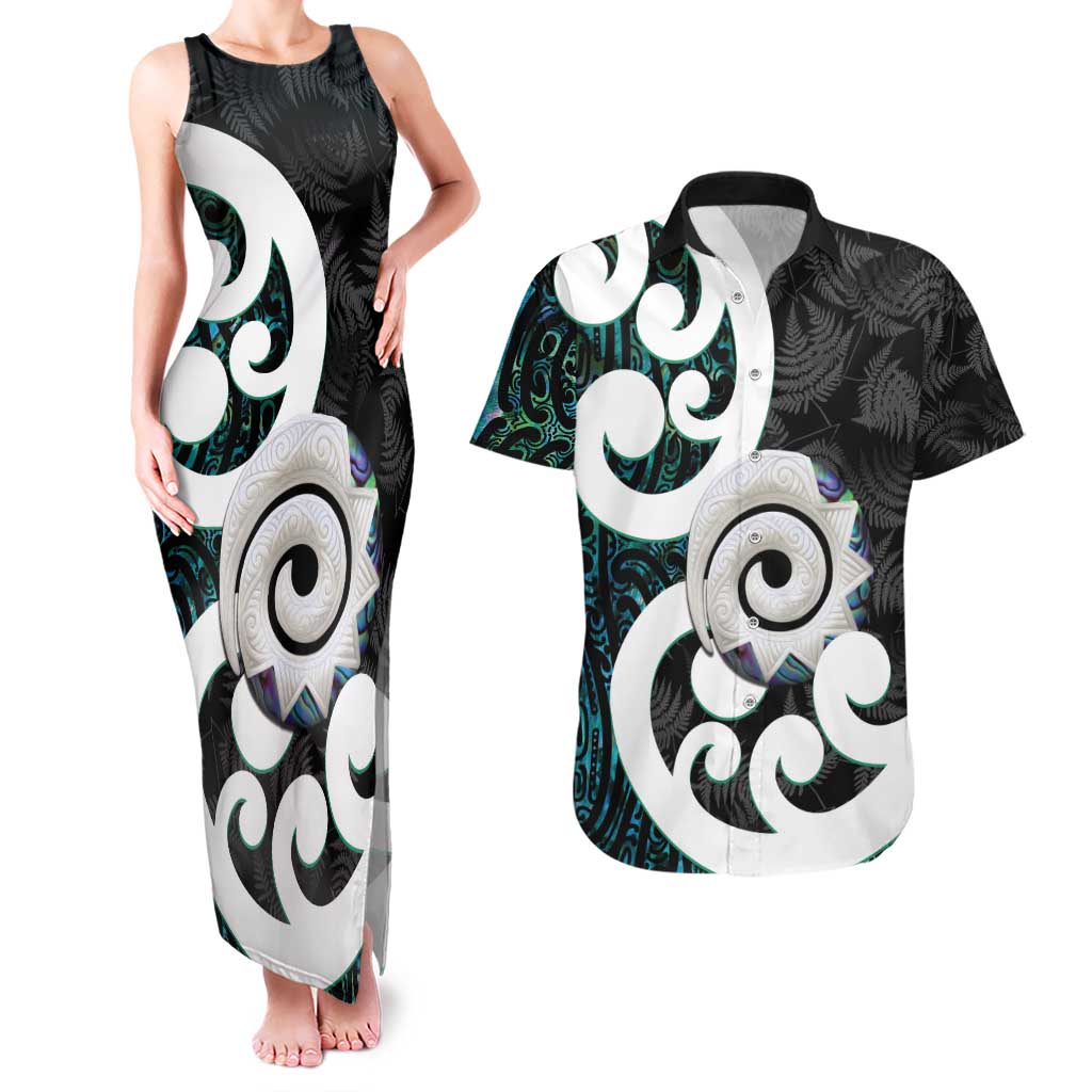 Aotearoa Koru Couples Matching Tank Maxi Dress and Hawaiian Shirt Cyan Maori Paua Shell Mix Silver Fern LT14 Black - Polynesian Pride