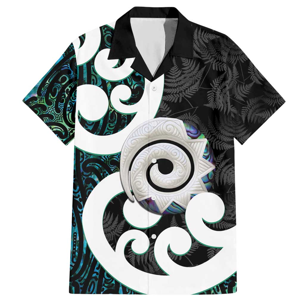 Aotearoa Koru Hawaiian Shirt Cyan Maori Paua Shell Mix Silver Fern LT14 Black - Polynesian Pride