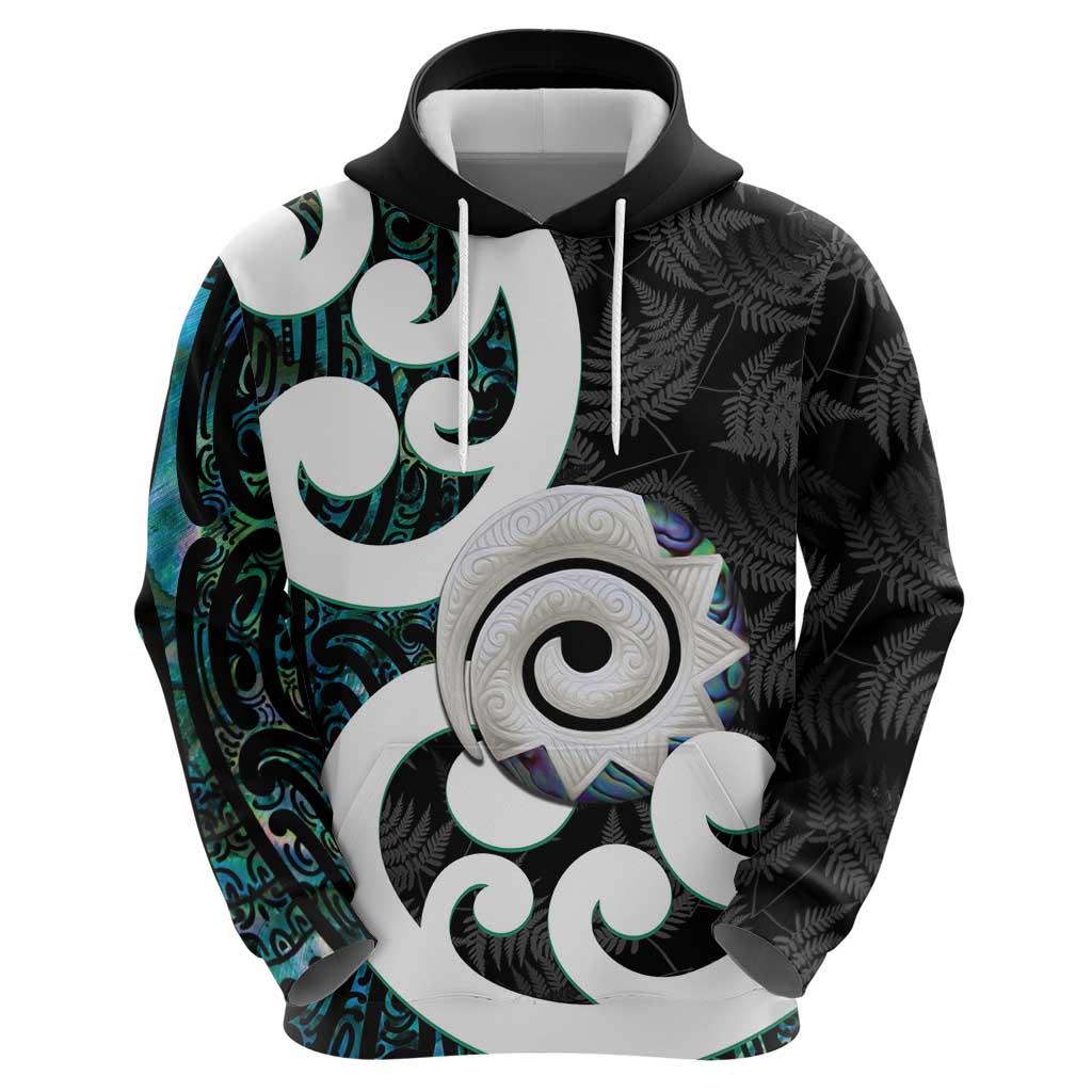 Aotearoa Koru Hoodie Cyan Maori Paua Shell Mix Silver Fern