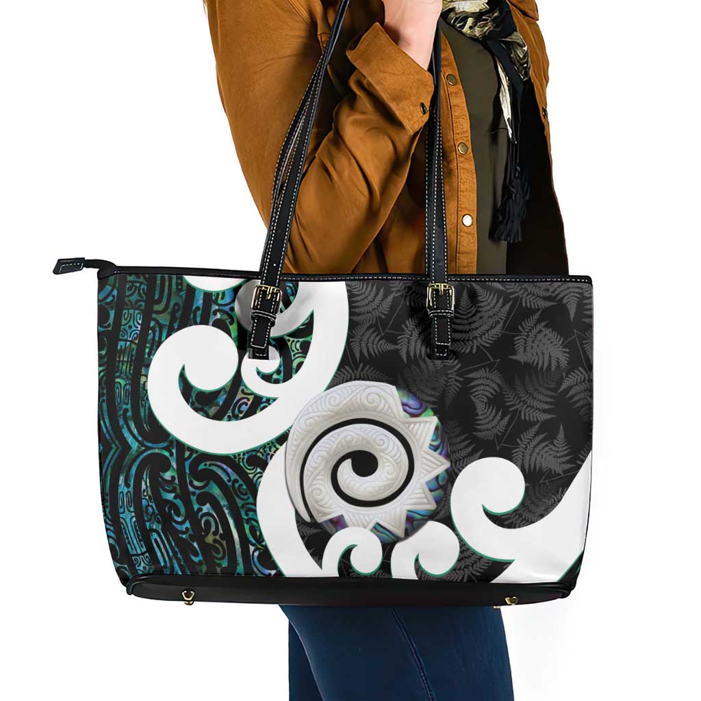 Aotearoa Koru Leather Tote Bag Cyan Maori Paua Shell Mix Silver Fern LT14 - Polynesian Pride