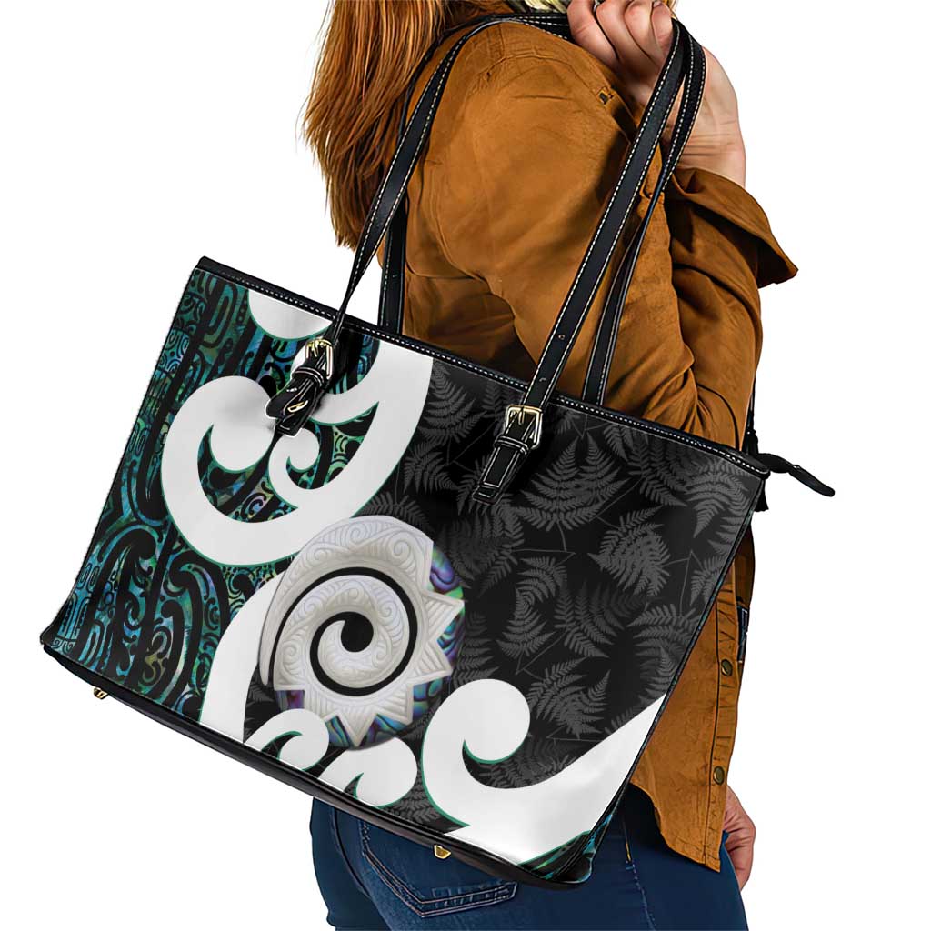 Aotearoa Koru Leather Tote Bag Cyan Maori Paua Shell Mix Silver Fern LT14 - Polynesian Pride