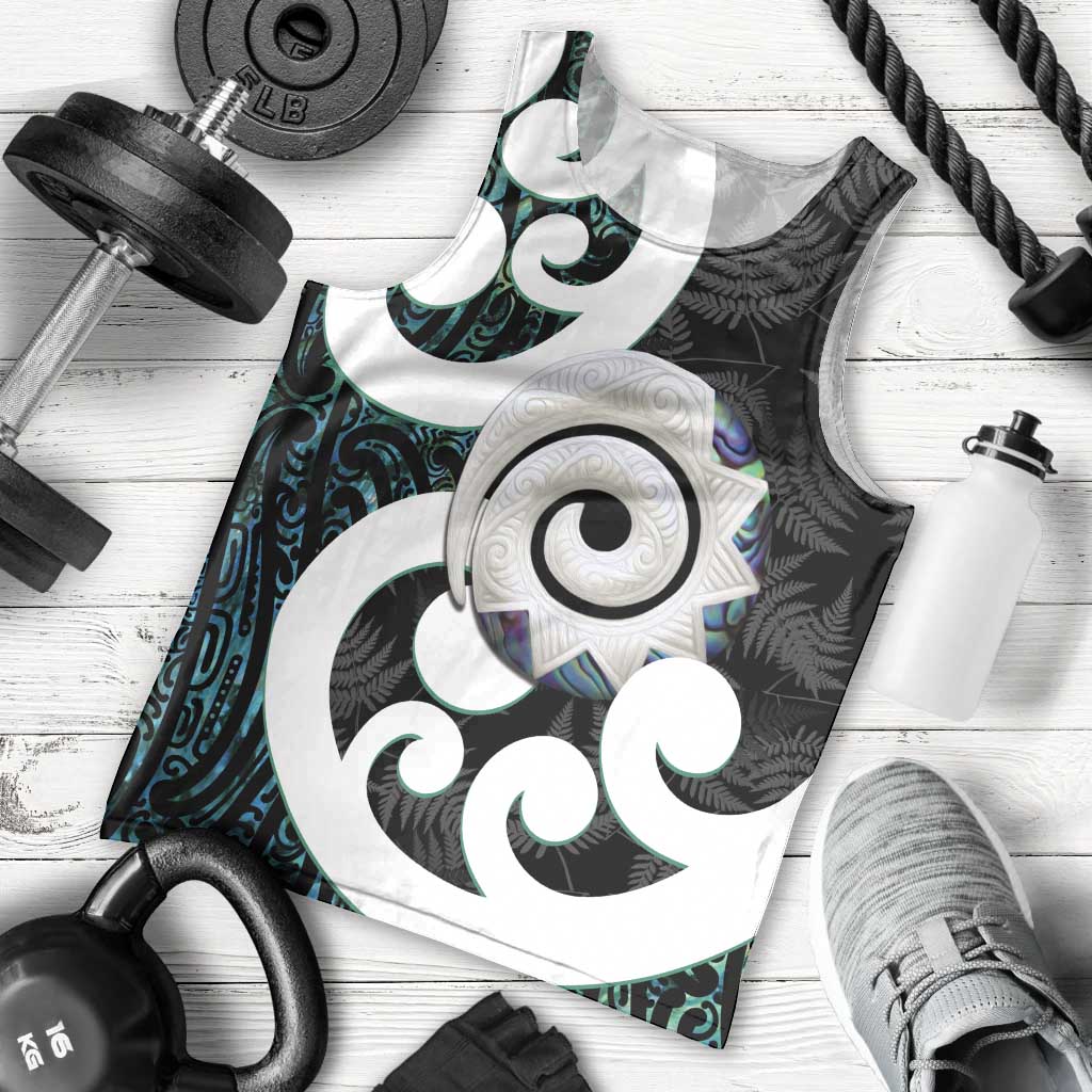 Aotearoa Koru Men Tank Top Cyan Maori Paua Shell Mix Silver Fern LT14 - Polynesian Pride