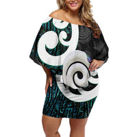 Aotearoa Koru Off Shoulder Short Dress Cyan Maori Paua Shell Mix Silver Fern LT14 Women Black - Polynesian Pride