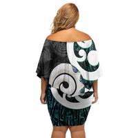 Aotearoa Koru Off Shoulder Short Dress Cyan Maori Paua Shell Mix Silver Fern LT14 - Polynesian Pride