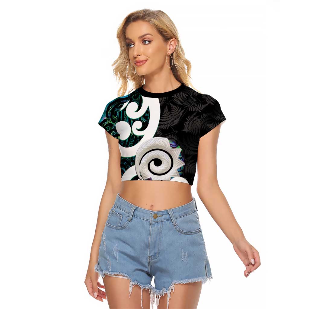 Aotearoa Koru Raglan Cropped T Shirt Cyan Maori Paua Shell Mix Silver Fern LT14 Female Black - Polynesian Pride
