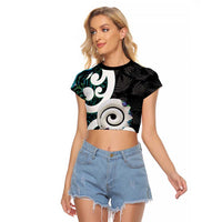 Aotearoa Koru Raglan Cropped T Shirt Cyan Maori Paua Shell Mix Silver Fern LT14 Female Black - Polynesian Pride