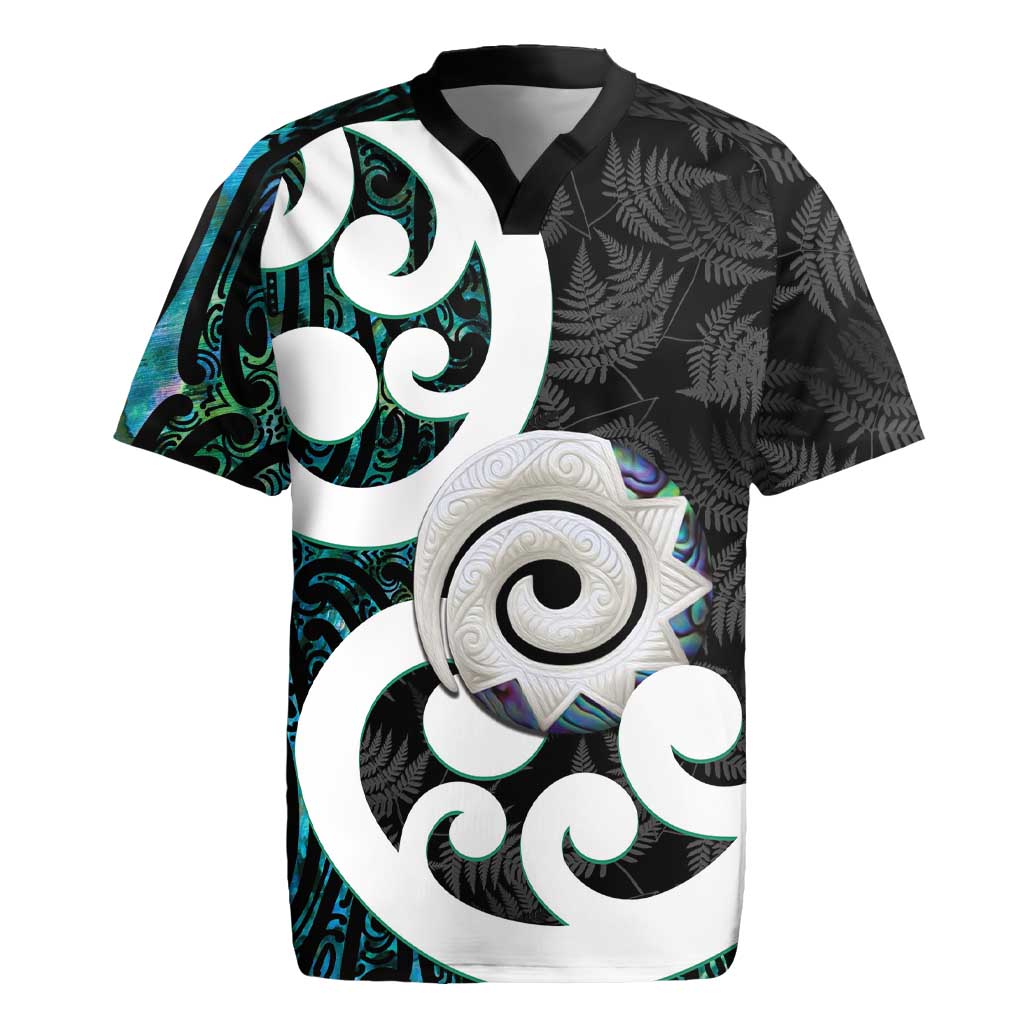 Aotearoa Koru Rugby Jersey Cyan Maori Paua Shell Mix Silver Fern LT14 Black - Polynesian Pride