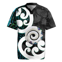 Aotearoa Koru Rugby Jersey Cyan Maori Paua Shell Mix Silver Fern LT14 Black - Polynesian Pride