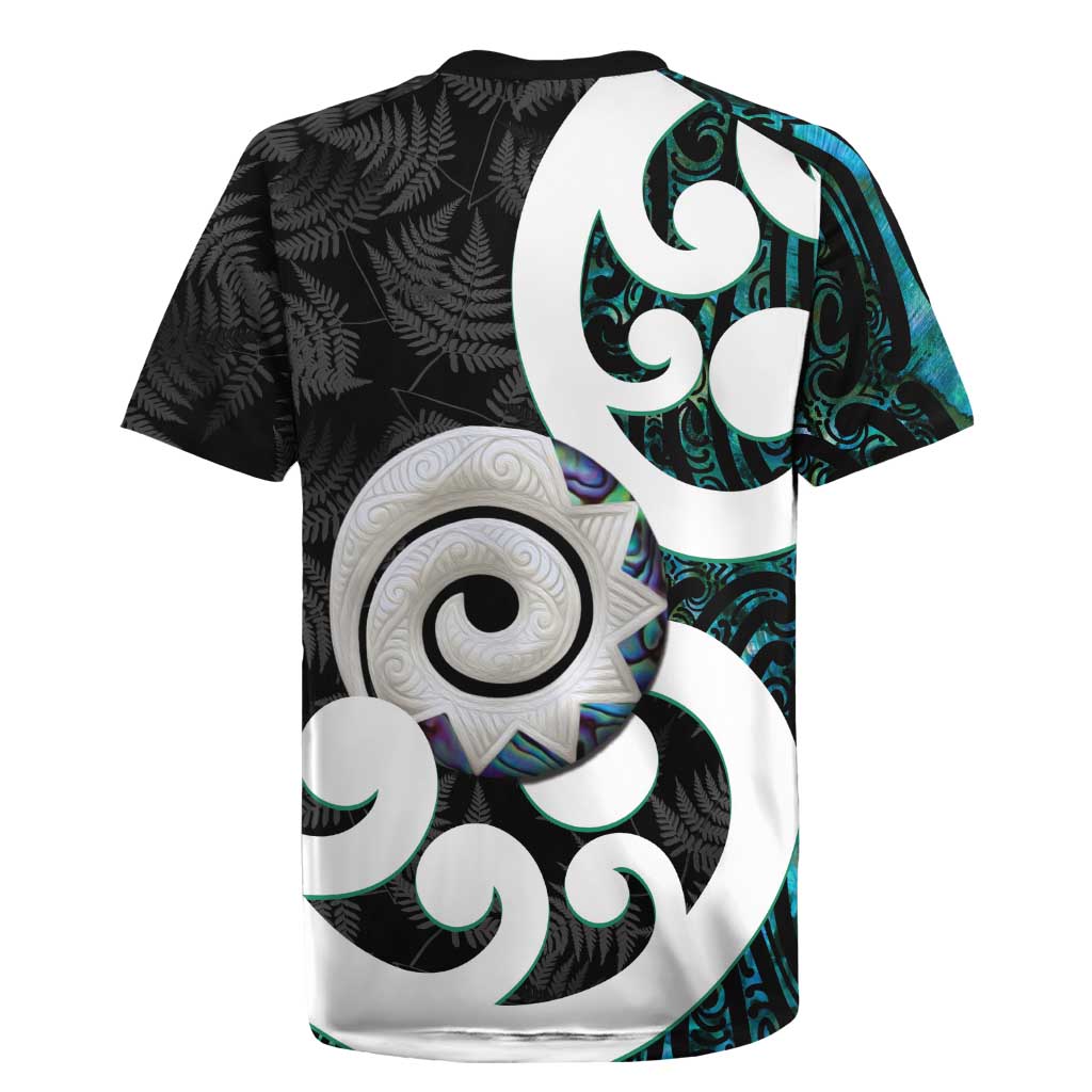 Aotearoa Koru Rugby Jersey Cyan Maori Paua Shell Mix Silver Fern LT14 - Polynesian Pride