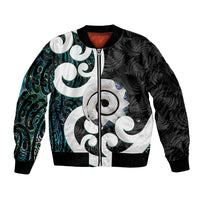 Aotearoa Koru Sleeve Zip Bomber Jacket Cyan Maori Paua Shell Mix Silver Fern LT14 Unisex Black - Polynesian Pride