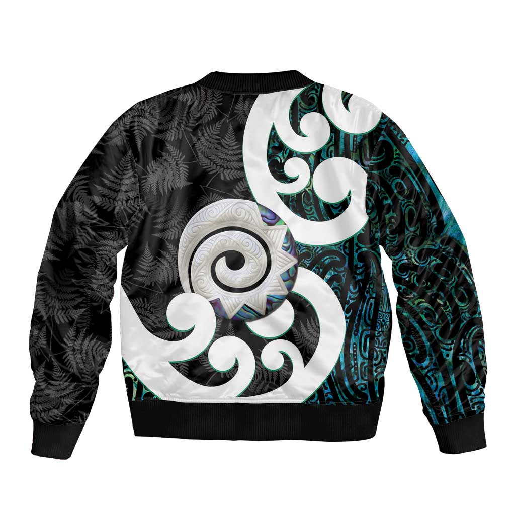 Aotearoa Koru Sleeve Zip Bomber Jacket Cyan Maori Paua Shell Mix Silver Fern LT14 - Polynesian Pride