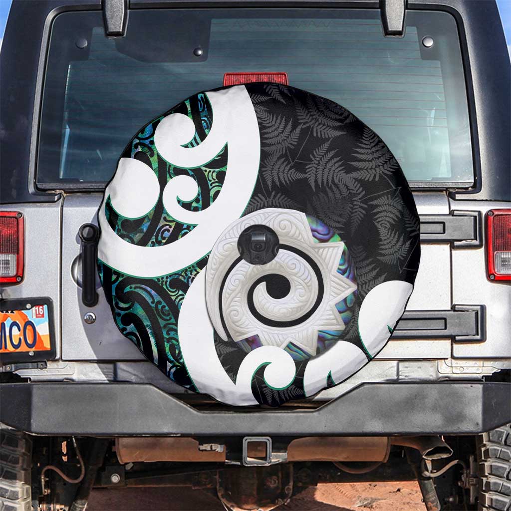 Aotearoa Koru Spare Tire Cover Cyan Maori Paua Shell Mix Silver Fern LT14 Black - Polynesian Pride