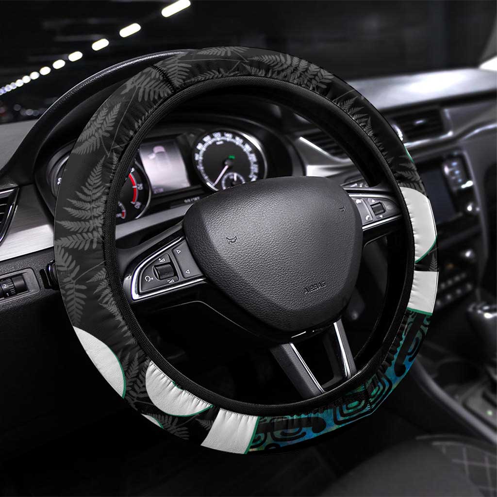 Aotearoa Koru Steering Wheel Cover Cyan Maori Paua Shell Mix Silver Fern LT14 Universal Fit Black - Polynesian Pride