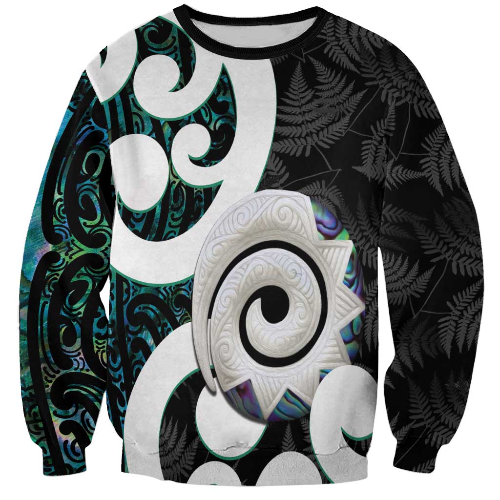 Aotearoa Koru Sweatshirt Cyan Maori Paua Shell Mix Silver Fern LT14 Unisex Black - Polynesian Pride