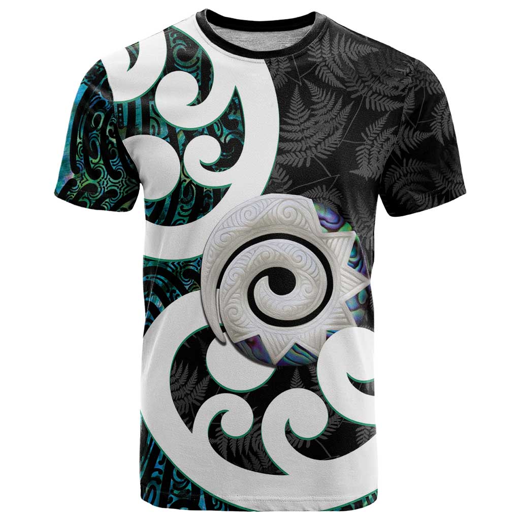 Aotearoa Koru T Shirt Cyan Maori Paua Shell Mix Silver Fern LT14 Black - Polynesian Pride