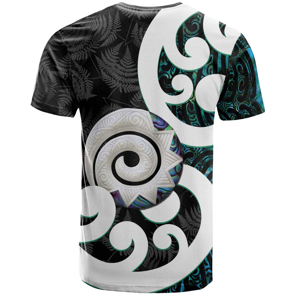 Aotearoa Koru T Shirt Cyan Maori Paua Shell Mix Silver Fern LT14 - Polynesian Pride