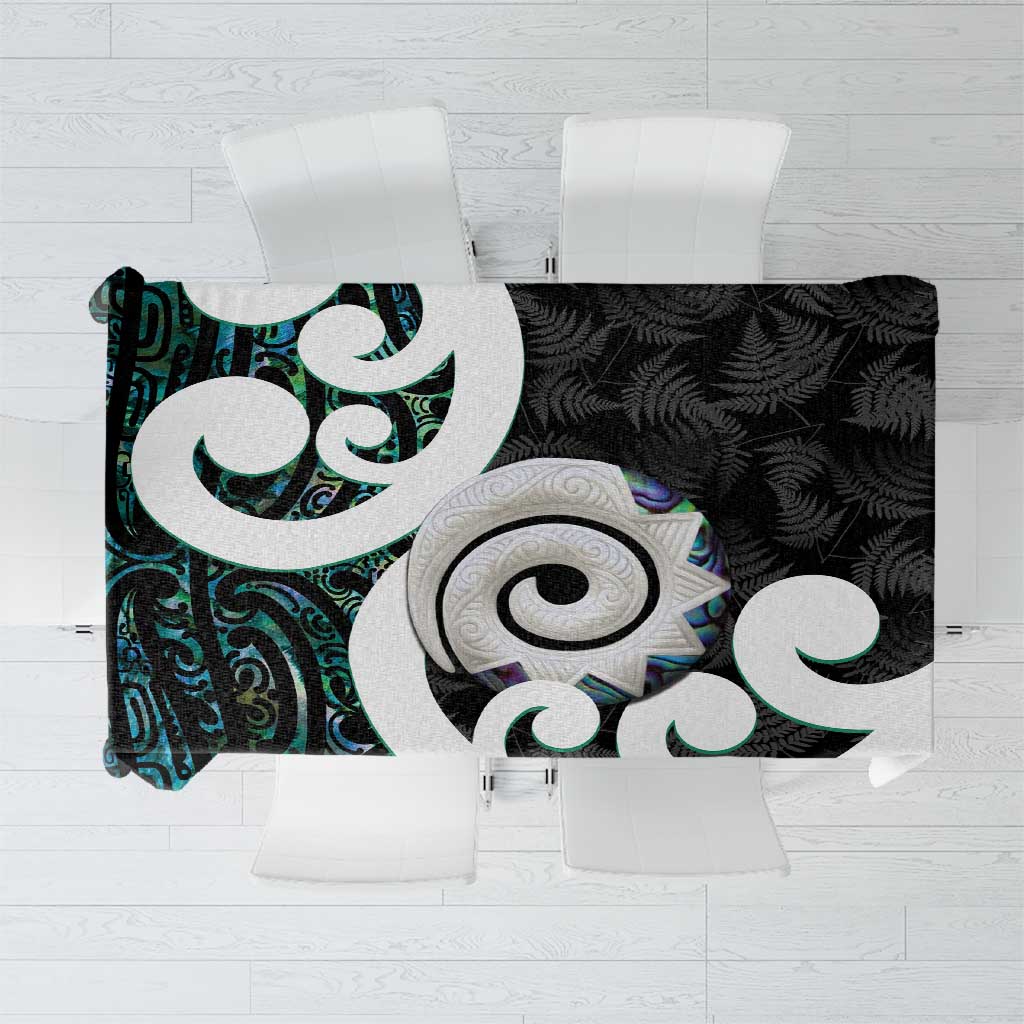 Aotearoa Koru Tablecloth Cyan Maori Paua Shell Mix Silver Fern LT14 Black - Polynesian Pride
