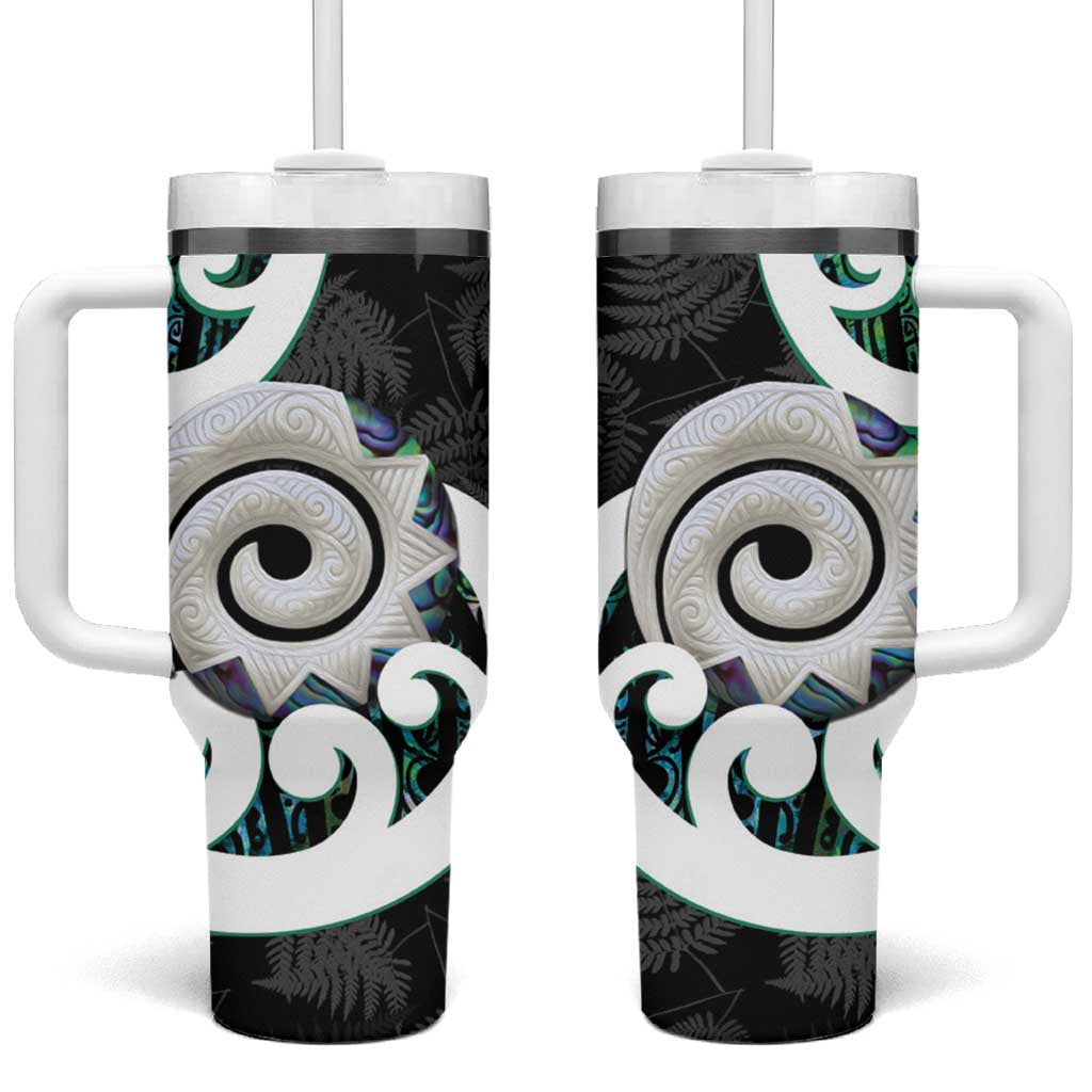 Aotearoa Koru Tumbler With Handle Cyan Maori Paua Shell Mix Silver Fern LT14 One Size: 40 oz Black - Polynesian Pride