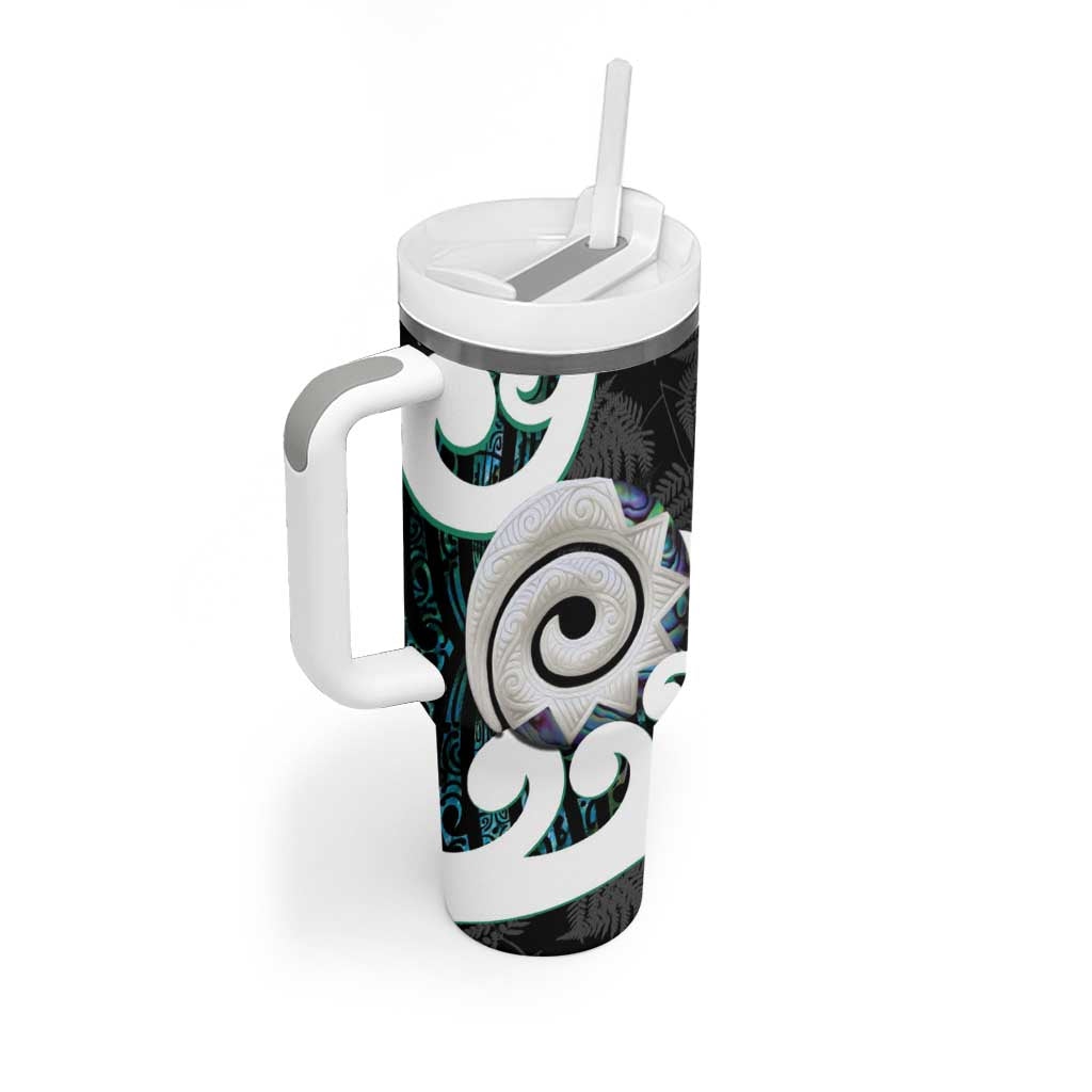 Aotearoa Koru Tumbler With Handle Cyan Maori Paua Shell Mix Silver Fern LT14 - Polynesian Pride