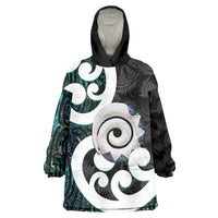 Aotearoa Koru Wearable Blanket Hoodie Cyan Maori Paua Shell Mix Silver Fern LT14 One Size Black - Polynesian Pride