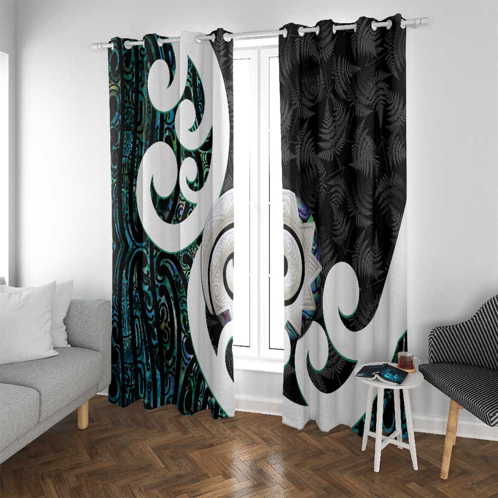 Aotearoa Koru Window Curtain Cyan Maori Paua Shell Mix Silver Fern LT14 With Grommets Black - Polynesian Pride