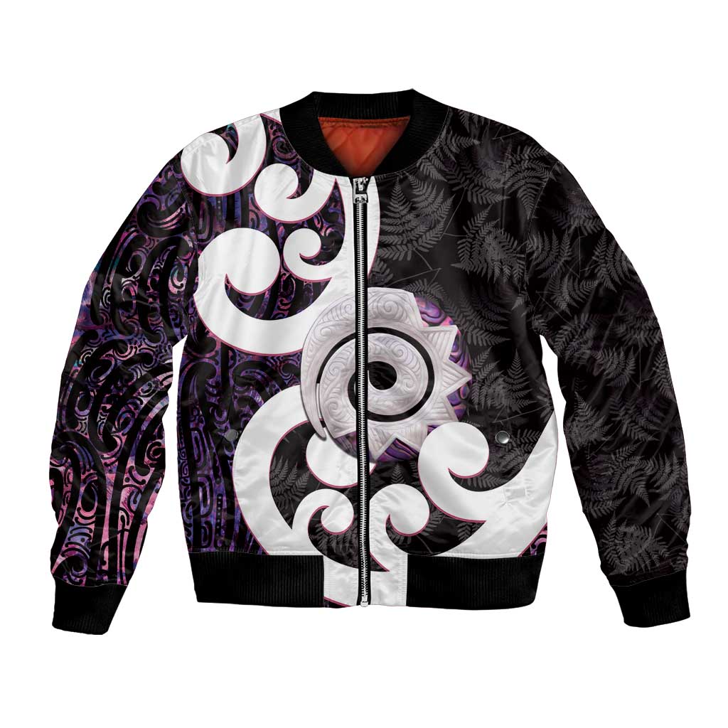 Aotearoa Koru Bomber Jacket Purple Maori Paua Shell Mix Silver Fern LT14 Unisex Black - Polynesian Pride